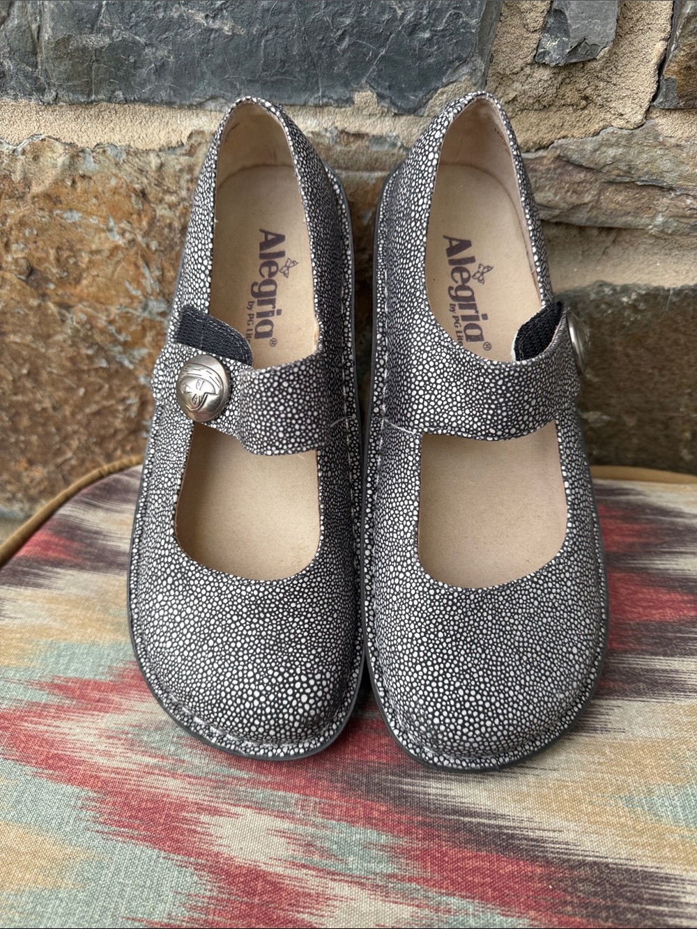 Alegria 'Paloma' Spotted Leather Mary Jane Clogs in Black & White Size 37